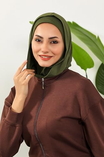 Aisha's Design Full Coverage%95 Cotton Bonnet for Women, Ready-to-Wear Hijab Bonnet Headscarf with Neck Coverage - color: Army Green