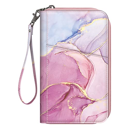 FINTIE Family Passport Holder Wallet Travel Document Organizer Clutch Bag - color: Marble Pink