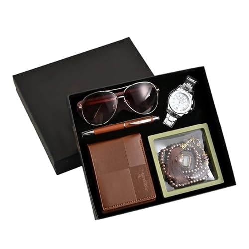 6-Piece Brown Prayer Gift Set: Includes Wallet, Watch, Sunglasses, Pen, Beads, And Finger Counter For Ramadan And Eid