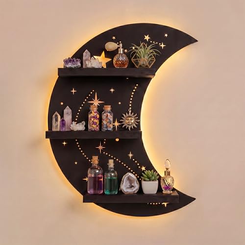 Crescent Moon Shelf with LED Light, Trinket Shelf & Whimsical Celestial Room Decor, Celestial Decor Crystal Holder Witchy Wall Decor for Living Room, Bedroom