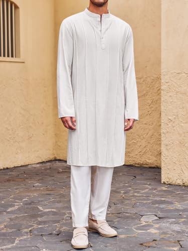 Runcati Mens Kaftan Thobe Button Down Henley Shirts Robe Long Sleeve Casual Cotton Pleated Muslim Gown Shirt - color: White, size: XX-Large
