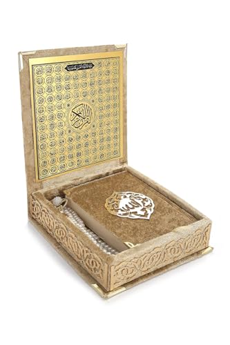 ihvan online, The Holy Qur'an Set, Islamic Prayer Gift Box with Pocket-sized Velvet Covered Quran, Tesbih, Inner Lid Names of Allah (Asmaul Husna), 3 Pieces for Ramadan & Eid & Dowry Gifts, Gold - color: Gold