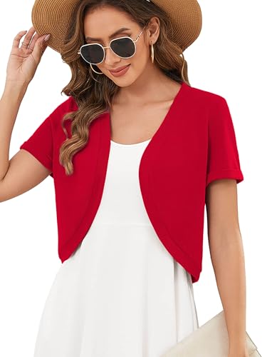 Short Sleeve Cropped Cardigan Sweater Open Front Bolero Shrug - color: C04-red, size: Small