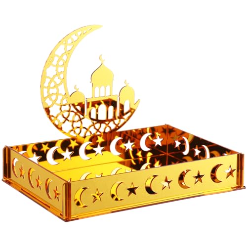 DoubleFill Ramadan Serving Tray Gold Eid Mubarak Holder Al-fitr Home Decoration for Moon Star Tray Gold Container for Home Islamic Muslim Party Tableware Kitchen Dessert Food Storage(Mosque) - style: Mosque