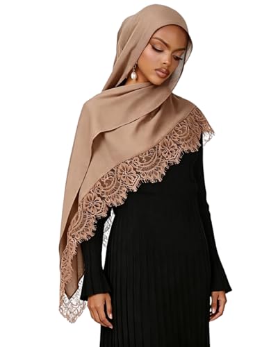 JUMISEE Elegant Floral Lace Hijab Scarf for Women Soft Cotton Head Wrap Instant Hijab Long Scarves Evening Dress Shawl - color: Khaki