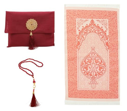 Prien Muslim Prayer Rug with Tasbih and Portable Bag, Muslim Gift for Women Men, Mubarak Islamic Box, Soft Mat Islam Gifts Set, Turkish Sajadah for Ramadan, Eid, Hajj, Travel, Pray (Red) - color: Red