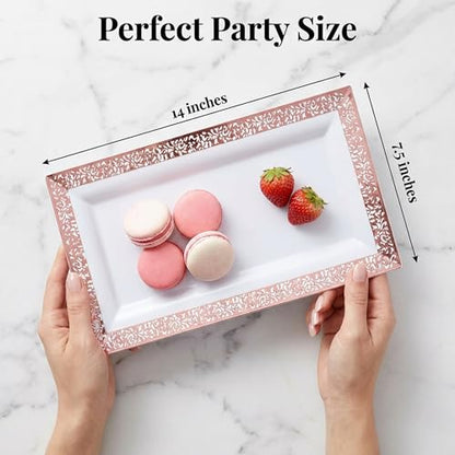 Yumchikel-Plastic Serving Tray & Platter Set (4pk) White & Rose Gold Lace Disposable Party Trays & Platters for Food - Weddings, Dessert Table, Cupcake Display -14"x7.5" inches - color: White Rose Gold Lace, size: 4 Pack