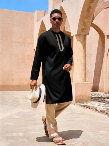 Yousify Mens Kaftan Thobe Casual Henley Shirts - color: Black, size: Medium