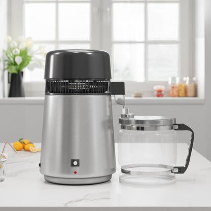 4L Countertop Stainless Steel Distilled Water Purifier, Distilled Water Making Machine with Glass Container, Ideal for Household, Workplace, Lab, and Aquarium Usage-Silver - color: Silver