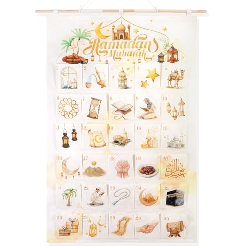 HOWAF Ramadan Countdown Calendar Watercolor Design - 30 Days Beige Fabric Advent Calendar with Islamic Art Patterns, Eid Gift for Kids, Muslim Family Ramadan Decor 2026, Watercolor Moon & Mosque Art