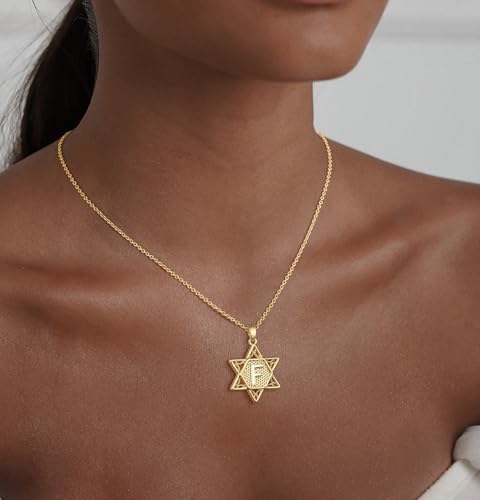 Gold Initial Necklaces for Women Dainty Pendant Letter Necklace 14K Gold Plated Jewish Star of David Religious Jewelry Personalized Gift Non Tarnish Waterproof 16.5-18.5 Inches - style: Initial F