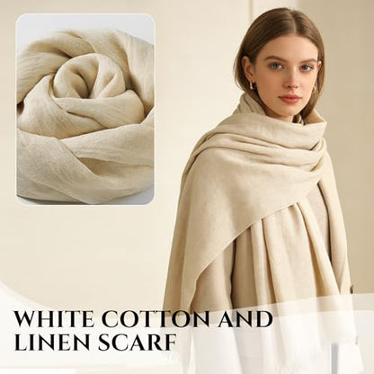 Extra Large Cotton Linen Shawl Wrap for Women, Elegant Scarf with UV Protection Breathable Lightweight Head Cover Hijab - color: Cream White