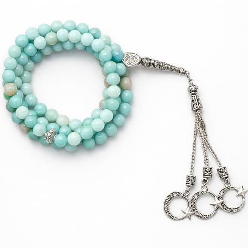 Amazing Gemstone Amazonite Tasbeeh with Moon and Star Charm - Certified Crystal Muslim Prayer Beads Natural Gemstone Tasbih Gift for Ramadan Dhikr and Daily Namaz (S) - color: Amazonite