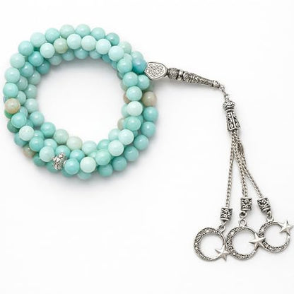 Amazing Gemstone Amazonite Tasbeeh with Moon and Star Charm - Certified Crystal Muslim Prayer Beads Natural Gemstone Tasbih Gift for Ramadan Dhikr and Daily Namaz (S) - color: Amazonite