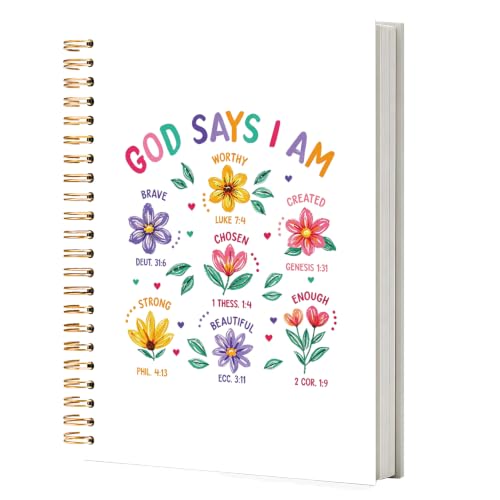 NATSUNO God Says I Am Floral Christian Spiral Notebook Journal 5.5x8.3in - color: White God Say I Am