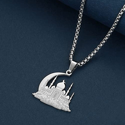 Mosque With Crescent Pendant Necklace For Women Men Muslim Jewelry 316L Stainless Steel Islamic Necklace - color: Gold