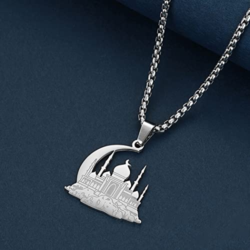Mosque With Crescent Pendant Necklace For Women Men Muslim Jewelry 316L Stainless Steel Islamic Necklace - color: Silver