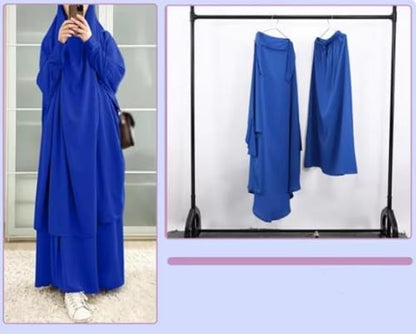 Womens Muslim Abaya Solid Prayer Dress Islamic Maxi Kaftan with Hijab Dubai Full Length 2 Piece Dress - color: 1fancy Blue