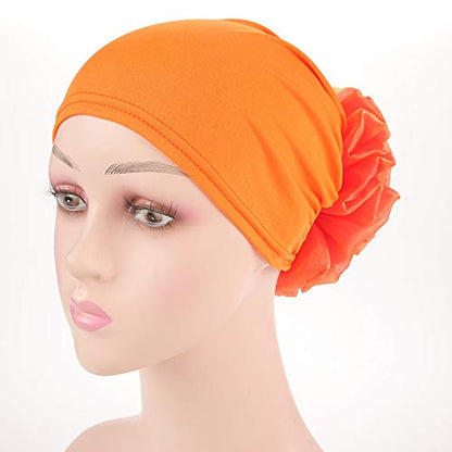 Women Flower Elastic Turban Beanie Head Scarf wrap Chemo Cap hat for Cancer Patient - color: Orange
