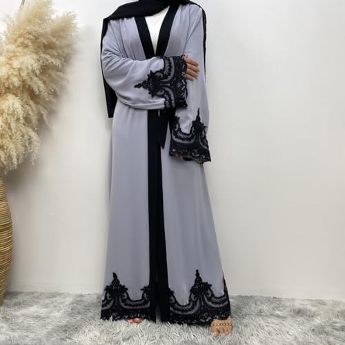 AFAVOM Women Turkey Abaya Islamic Muslim Prayer Dress Embroidered Cardigan Kaftan Dubai Robe Casual Turkish Modest Dress - color: Gray, size: Small