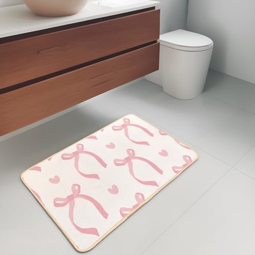 Cute Coquette Pink Bow Welcome Mat for Girls Bedroom Bathroom Decor | Heart Bow Home Decor, Pink Bathroom Floor Mat, Gifts for Pink Lovers, Non-Slip Indoor Entryway Mat, 29.5 x 15.7 Inch