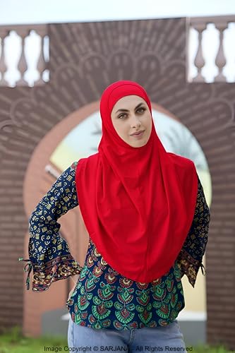SARJANA Women's Solid Color Cotton Hijab with Under Scarf Cap Ready to Wear Stretch Scarves Long Scarfs FREE SIZE - color: Red