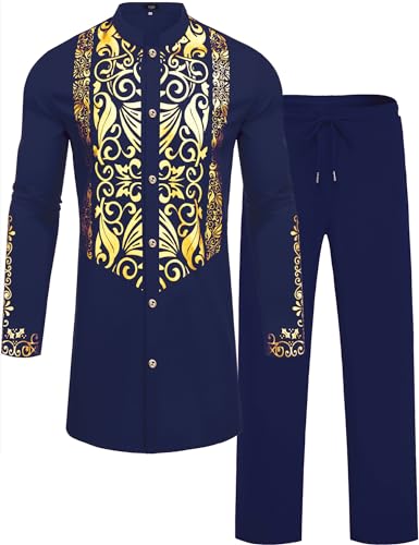 Mens African 2 Piece Sets Dashiki Metallic Traditional Suit Gold Stamp Printed Shirt and Pants Outfit - color: Navy Blue, size: Small