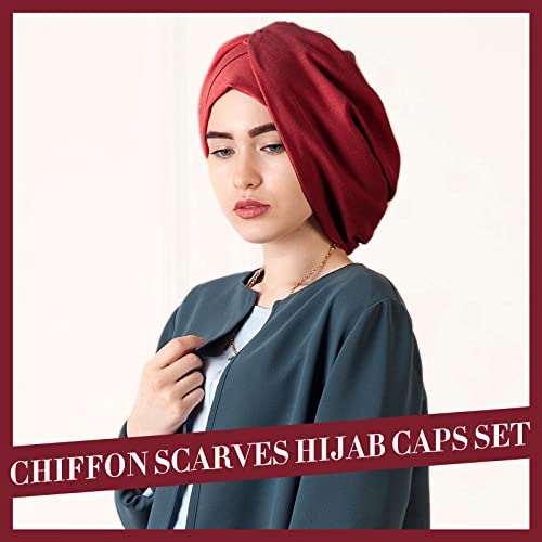 4 Pcs Women Chiffon Scarves 4 Pcs Hijab Caps Long Shawl Soft Wrap Scarves Islamic Muslim Underscarf Turban Caps Sleep Hats - color: Cool Colors