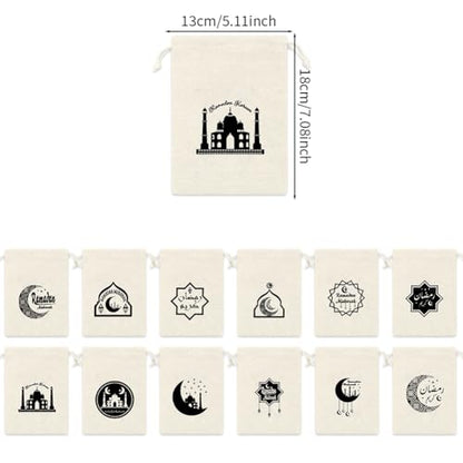 12 PCS Ramadan Drawstring Gift Bags,Eid Mubarak Goody Burlap Bag Small Drawstring Pouch Islamic Mosque Moon Star Cookie Bags Islam Eid Iftar al-Adha Favor Bag for Muslim Islam Party Decorations
