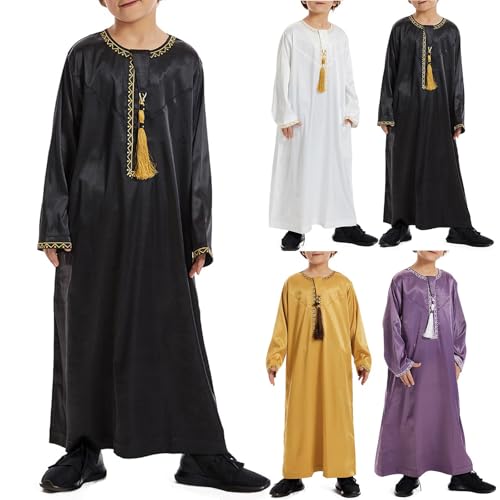 Boys Muslim Clothing Kids Prayer Outfits Long Sleeve Eid Dresses Embroidered Thobe Solid Color Crewneck Arabic Abaya - color: Black, size: 13-14 Years