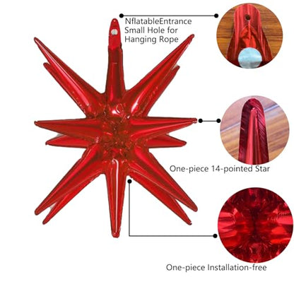 6 Pcs Red Star Foil Balloons One-Piece 14-Pointed Star Balloon 4D Cone Mylar 22inch Christmas Birthday Wedding Fireworks Shape Party Supplies (Red) - color: Red