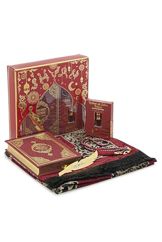 ihvan online Prayer Gift Set for Hajj and Umrah, Muslim Prayer Rug, Prayer Mat, Beads Taasbih, Holy Quran Translated English, Muslim Praying Mat, Islamic Gift Set for Ramadan & Eid, Red - color: Red English