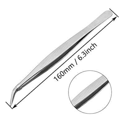 6.3Inch Long Forceps Tweezers, Serrated Bent Flat Tips Precision Curved Science Tongs Jewelers Needle Metal Sewing Sharp Small Kitchen Cooking Tweezers with Teeth Knurled Handles (1PCS-160mm) - color: Bent-1pcs-6.3inch