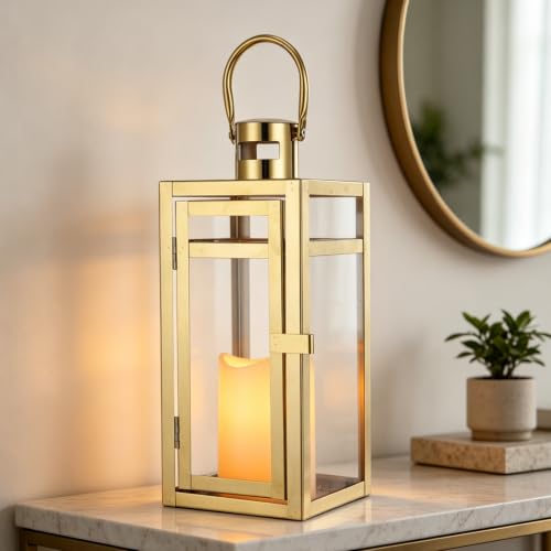 TRIROCKS Stainless Steel Decorative Lantern 12'' High Metal Candle Holder Outdoor Candle Lantern with Tempered Glass for Home Decor Living Room Parties Events Tabletop Wedding Indoor Outdoor (Gold) - color: Gold