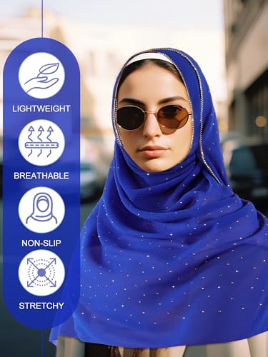 Geyoga Hijab Scarf for Women Soft Chiffon Rhinestone Long Scarf Shawl Fashion Muslim Hijab Head Wrap Scarves - color: Royal Blue