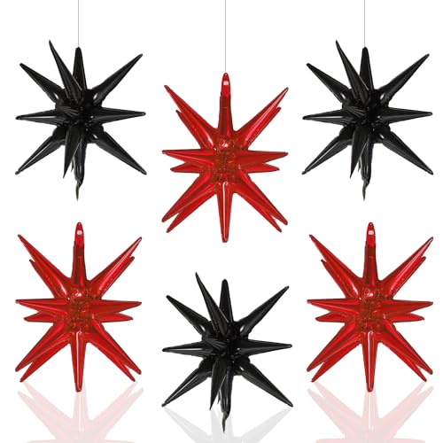 6 Pcs Star Foil Balloons One-Piece 14-Pointed Star Balloon 4D Starburst Cone Mylar Balloon 22inch Christmas Birthday Wedding Wedding Anniversary Party Supplies (Black + Red) - color: 22 Inches Black + Red