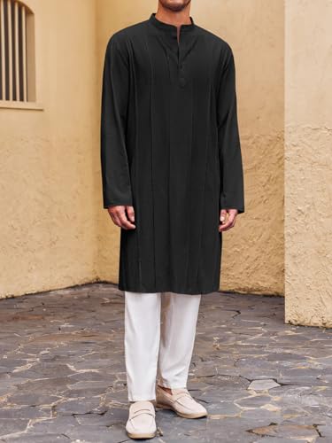 Runcati Mens Kaftan Thobe Button Down Henley Shirts Robe Long Sleeve Casual Cotton Pleated Muslim Gown Shirt - color: Black, size: X-Large