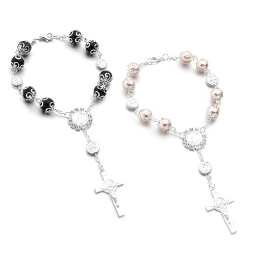 Ohleats Car Rosary for Rearview Mirror, Cross Blessing Pendant, Black+Pink - color: Black+Pink