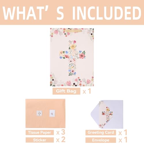 16.5" Extra Large Floral Religious Gift Bag Set with Handles, Greeting Card, Tissue Papers and Stickers for Women Girls, for First Communions, Baby Girl Baptisms, Christenings, Religious Occasion, Clergy Day, Cross Design, 1 Pcs - color: (16.5'' Extra Lar