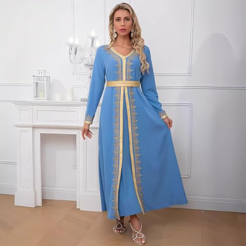 FYMNSI Women Muslim Abaya Dress Islamic Dubai Modest Lace Belted Dress Abayas Kaftan Eid Prayer Clothes Arabian Maxi Robe - color: Ice Blue, size: Large