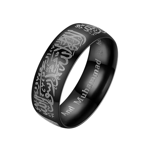 Hipunk Stainless Steel Islamic Muslim Shahada Ring - Mohammad Arabic Letter Rings Band Prayer Religious Calligraphy Ayatul Kursi Allah Rings Eid Ramadan for Men Women Size 9-12 - color: Black