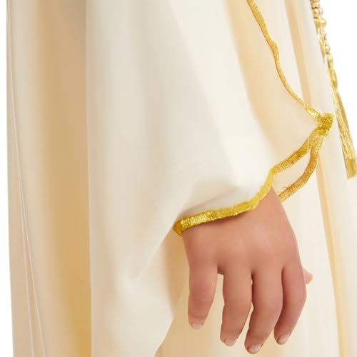 Toddler Boys Muslim Arabic Thobe Long Sleeve Embroidered Islamic Kaftan Teens Middle East Prayer Dress Ramadan Eid Clothes - color: Beige, size: 9-10 Years