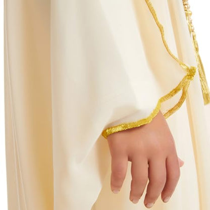 Boys Muslim Arabic Thobe Soft Lightweight Embroidered Robe Islamic Kaftan Middle East Prayer Party Dress Ramadan Eid Outfits - color: Beige, size: 13-14 Years