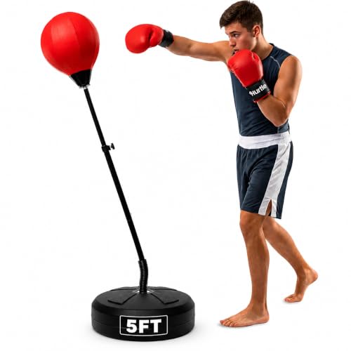 Hurtle Punching Bag with Stand for Adults and Teens, Adjustable Boxing Bag with Premium Gloves, Freestanding Reflex Bag Training Equipment for Home Workout Fitness and Stress Relief - size: 5 FT