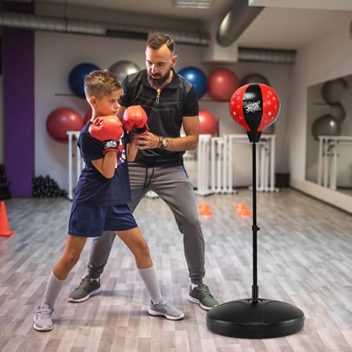 Goplus Punching Bag for Kids, Height Adjustable Reflex Bag with Boxing Gloves for Teens Children Ages 3 4 5 6 7 8+ Years Old Boys Girls, Inflatable Boxing Equipment for Christmas Birthday