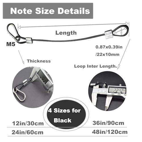 5 pcs 12 inch Vinyl Cover Coated Stainless Steel Wire Rope Lanyard Cable Tether Safety Strap with Hooks and 2 Loops (4mm Thickness), Black - color: 5pcs_black, size: 12"/30cm