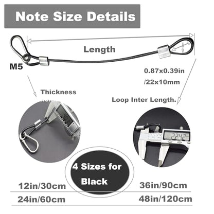 5 pcs 12 inch Vinyl Cover Coated Stainless Steel Wire Rope Lanyard Cable Tether Safety Strap with Hooks and 2 Loops (4mm Thickness), Black - color: 5pcs_black, size: 12"/30cm
