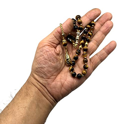 Design -Tiger Eye Stone Series Worry Beads - Prayer Beads (8 mm-33 Beads) Tesbih-Tasbih-Tasbeeh-Misbaha-Masbaha-Subha-Sebha-Sibha-Rosary (Orient Gold Tassel and Tiger Eye Bracelet) - color: Orient Gold Tassel and Tiger Eye Bracelet