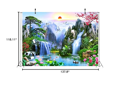 BELECO 12x10ft Fabric Fairyland Mountain Lake Photography Backdrop Waterfalls Swans Fish Flowers Dreamy Natural Landscape Painting Background Wall Murals Home Decor Kids Adults Portrait Photoshoot - size: 12x10FT