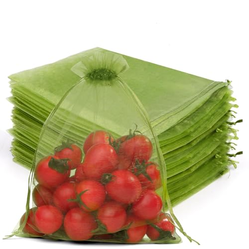 Crweety 50PCS Organza Bags 6x9 Green Large Mesh Bags Drawstring Sheer Goodie Pouches for Jewelry Candy Treats Weddings Gifts Birthday Halloween Party Favors Packaging, Fruit Protection Bag Bulk - color: Olive Green